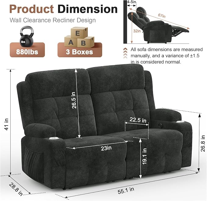 Reclining Loveseat, 55.1" RV PU Leather Wall Hugger Recliner Love Seats Sofa - Image 2