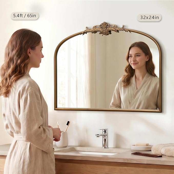 Besdomus Vintage Arched Gold Mirror: 32"x24" French Large Gold Vintage Wall - Image 2