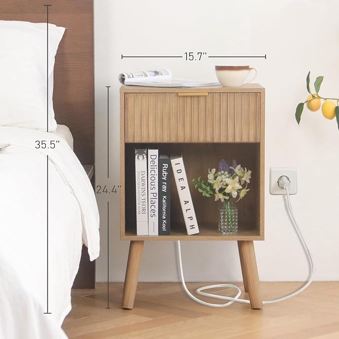 Fultyle Wood Nightstand with Charging Station, Bedside Table with Fluted - Image 2