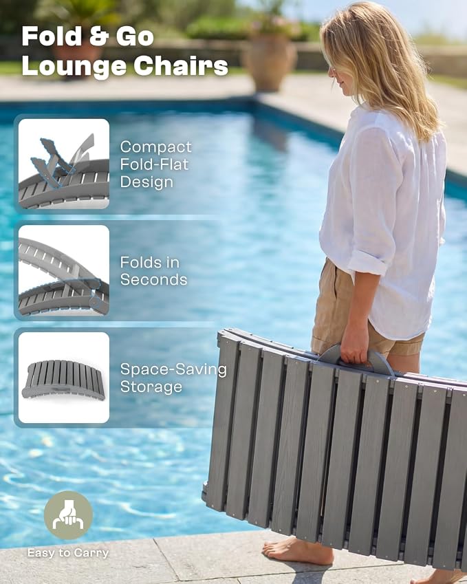 Folding HDPE Pool Lounge Chairs Set of 6, Pre-Assembled Outdoor Chaise Lounge - Image 3