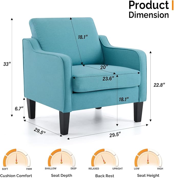 VINGLI Accent Chairs Set of 2 Living Room Chairs Teal Blue Reading Chair - Image 2