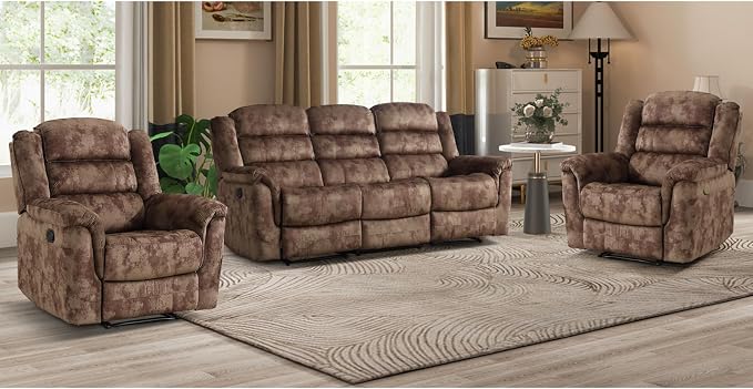 EBELLO 3 Pieces Reclining Living Room Set, Soft Fabric Manual Recliner Sofa - Image 7