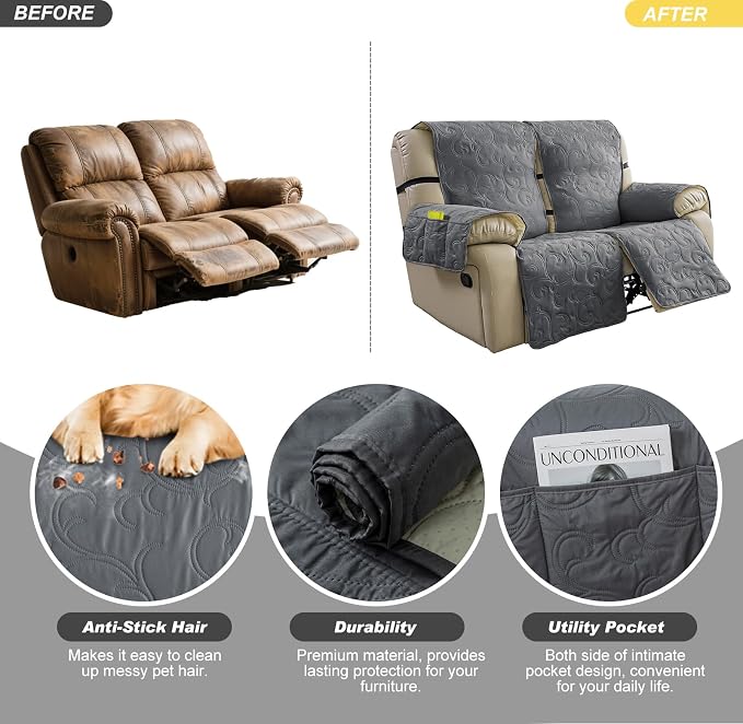 100% Waterproof Loveseat Recliner Cover, 4-Piece Split Reclining Couch Covers - Image 4