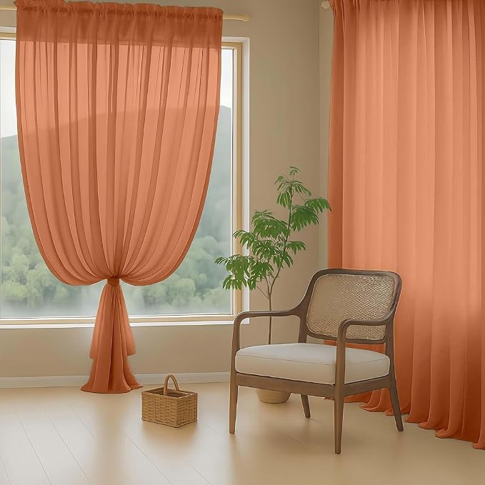 Orange Sheer Curtains 90 Inches Long 2 Panels, Light Filtering Solid Sheer - Image 8