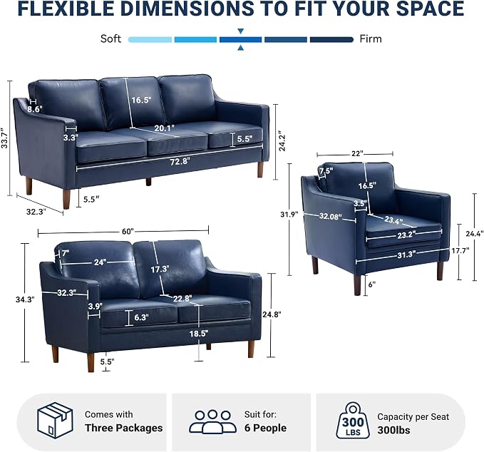 Kingfun Living Room Furniture Sets, 3 Seater Couch, Armchair and Loveseat - Image 2