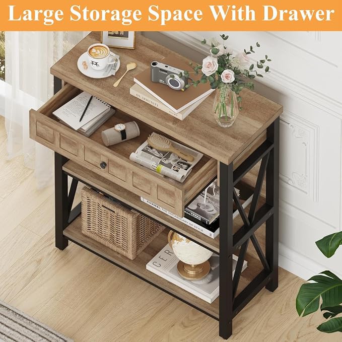 FATORRI Rustic Bookshelf with Drawer, Industrial Wood and Metal Bookcase - Image 3