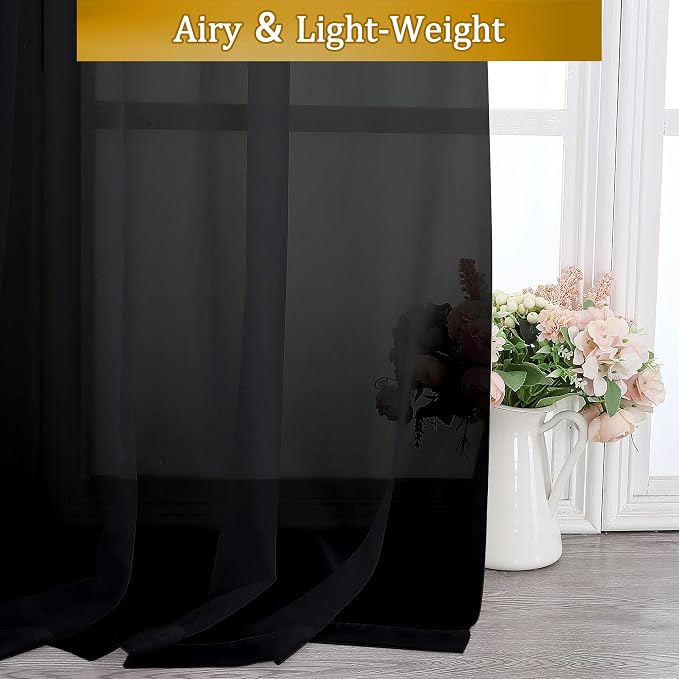 Aiyufeng Black Sheer Curtains for Windows 54 inch Long 2 Panel Set, Rod Pocket - Image 7