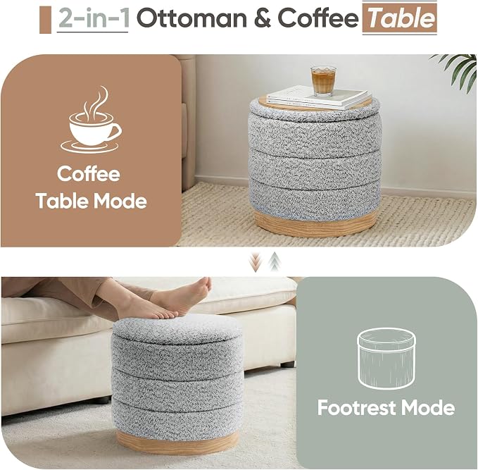 Round Storage Ottoman with Reversible Tray Lid, Folding Chenille Fabric - Image 5
