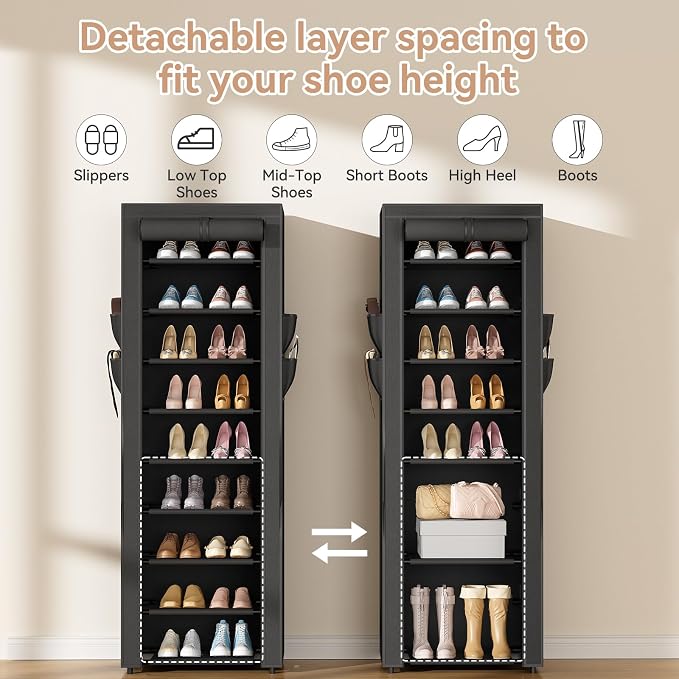 LANTEFUL Narrow Shoe Rack with Cover 10 Tier Tall Shoe Rack Organizer Large - Image 6