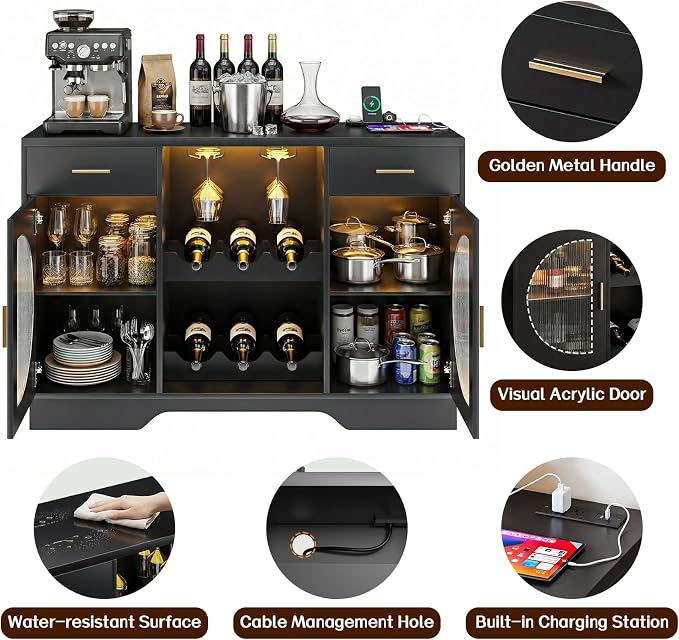 Wine Bar Cabinet with LED Light, Modern Liquor Cabinet Coffee Bar Cabinet - Image 5