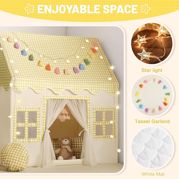 Kids Play Tent Indoor: Mat, Tassel Garland, Star Lights - Image 2
