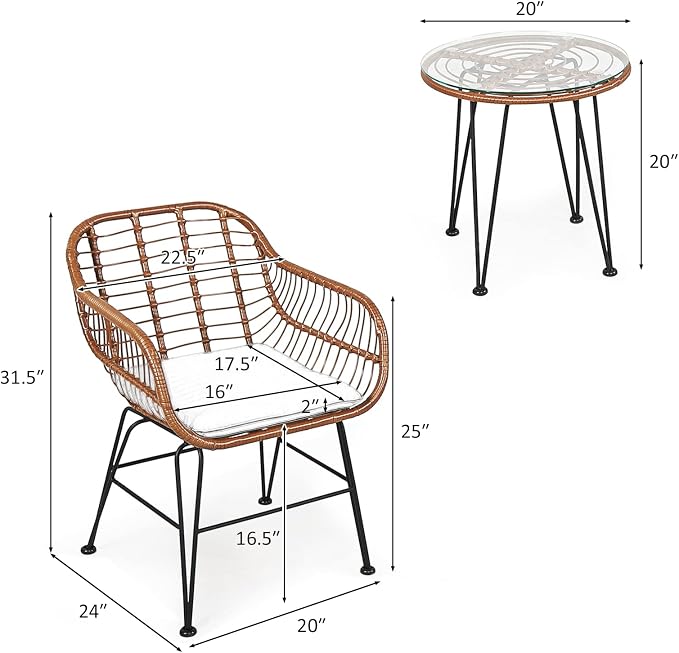 Tangkula 3 Pieces Patio Conversation Bistro Set, Outdoor Wicker Furniture - Image 5