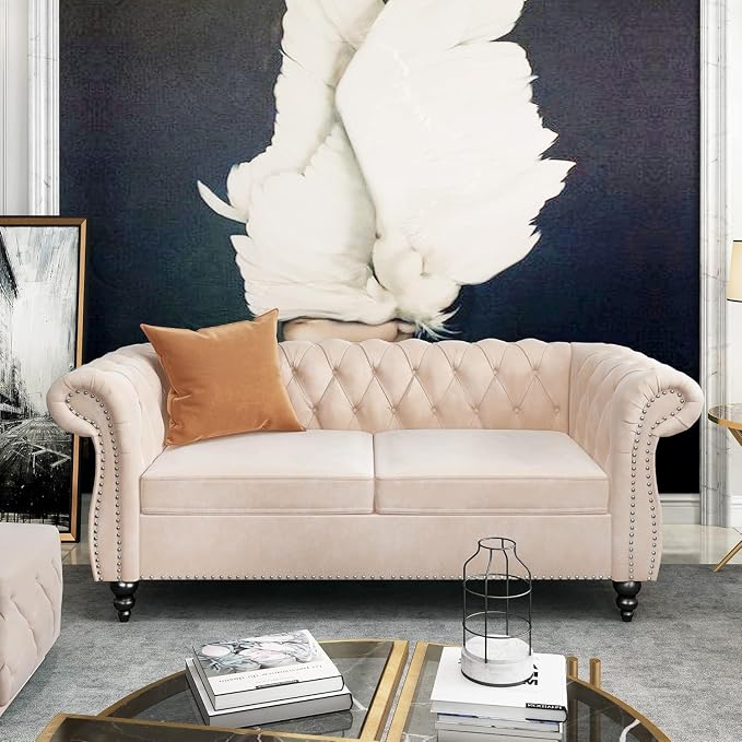 Chesterfield Loveseat Sofa, Modern Velvet Small Sofa Couch 2 Seater by RUSTYER