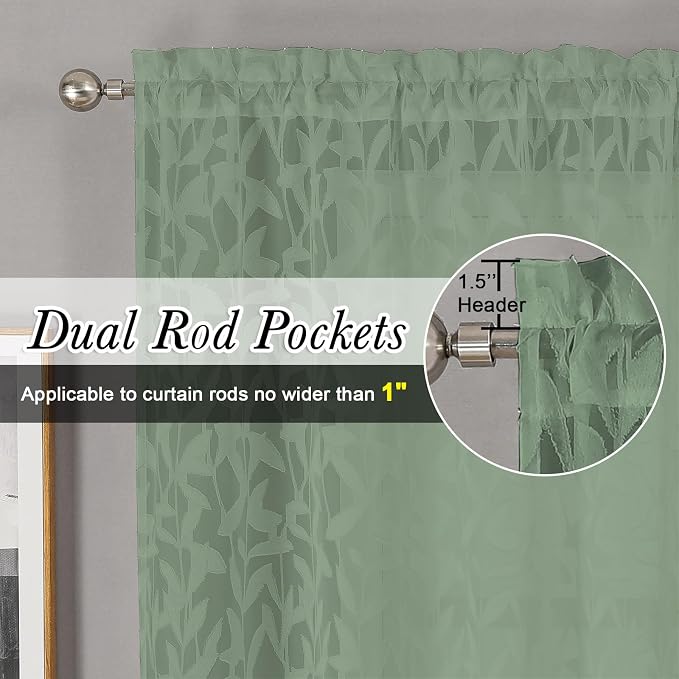 Lecloud Leia Sage Green Sheer Kitchen Curtains 18 Inch Length 2 Pcs, Jacquard - Image 5