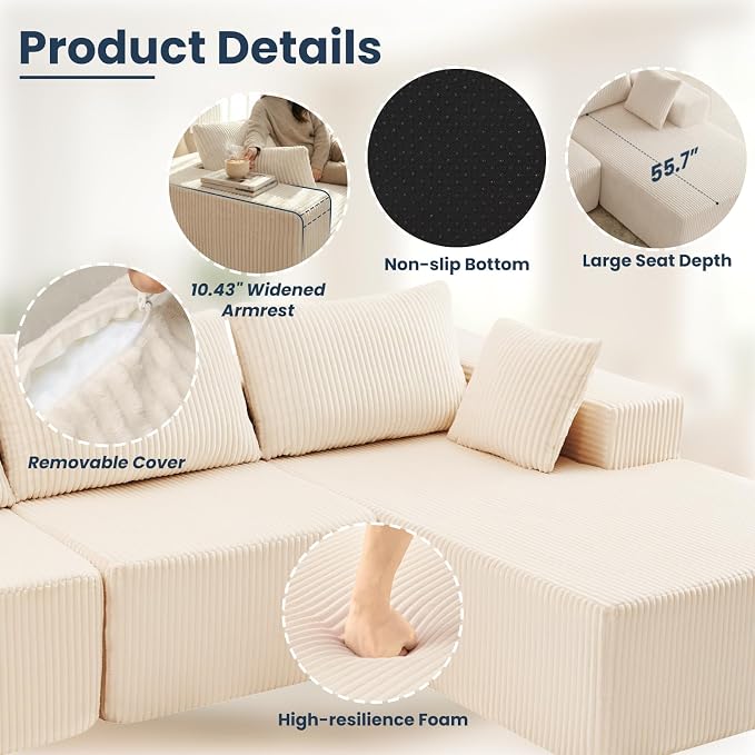 DUMOS 108” Modular Sectional Sofa, Cloud Sectional Couch - Image 3