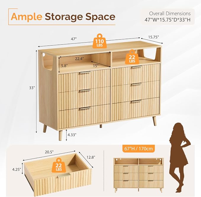 VINGLI Fluted Dresser Led, 6 Drawer Dresser - Image 2