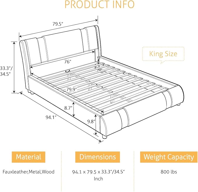 SHA CERLIN Modern Faux Leather King Bed Frame - Image 2