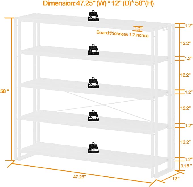 HCHQHS Bookshelf, 5-Tier Industrial Bookcase, Freestanding Tall Bookshelves - Image 3