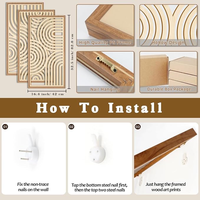 IARTTOP Large Boho Wood Wall Art Set of 3 Framed Wooden Mid-century Modern Wall - Image 5