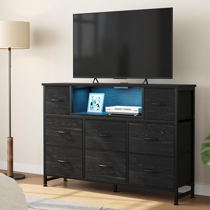 DUMOS TV Stand Dresser with 8 Fabric Drawers and Open Shelves, LED - Image 2