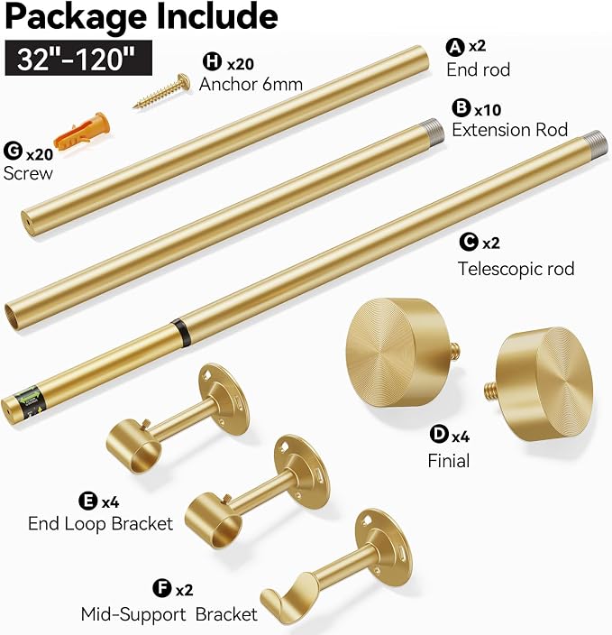 YaFex 2 Pack Heavy Duty Curtain Rods 32-120 Inch, 1 Inch Adjustable Gold - Image 7
