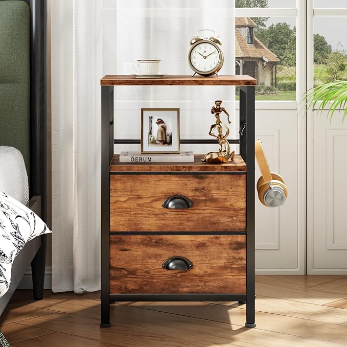 Furologee Nightstand with 2 Fabric Drawers, Night Stand with 2-Tier Shelf - Image 5