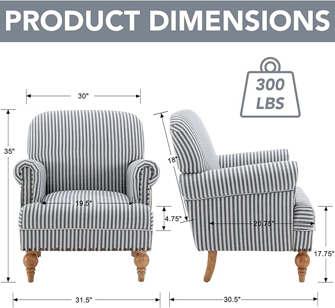 Blue Striped Linen Fabric Accent Chairs Set of 2, Coastal Upholstered Armchairs - Image 2