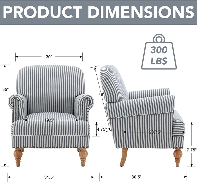 Blue Striped Linen Fabric Accent Chair, Coastal Upholstered Armchair - Image 2