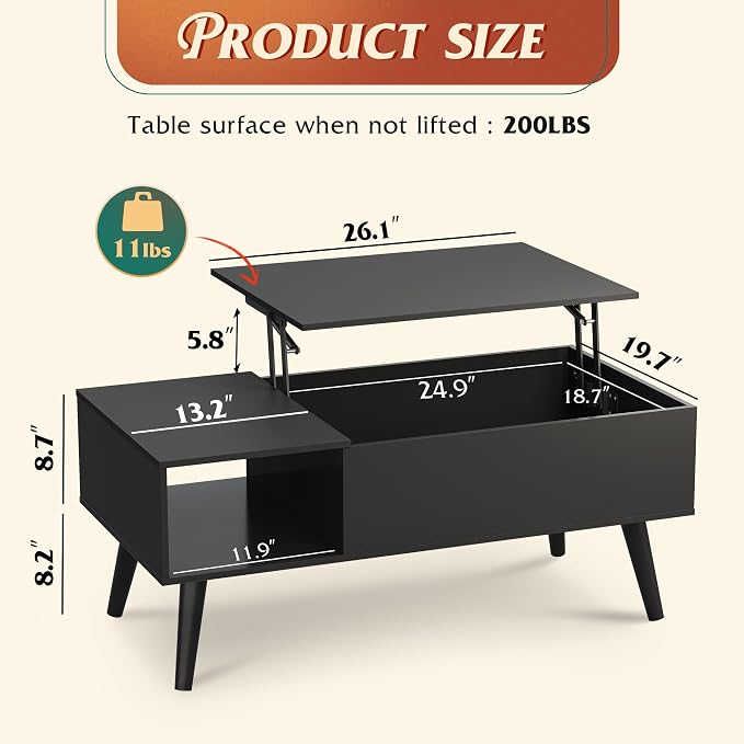 WLIVE Coffee Table for Living Room, Lift Top Coffee Table - Image 3
