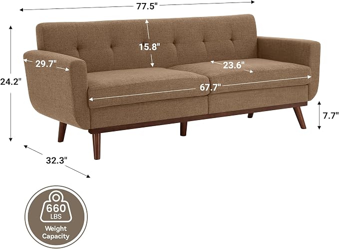 Kingfun 77.2" W Loveseat Sofa, Mid Century Modern Decor Love Seat Couches - Image 2