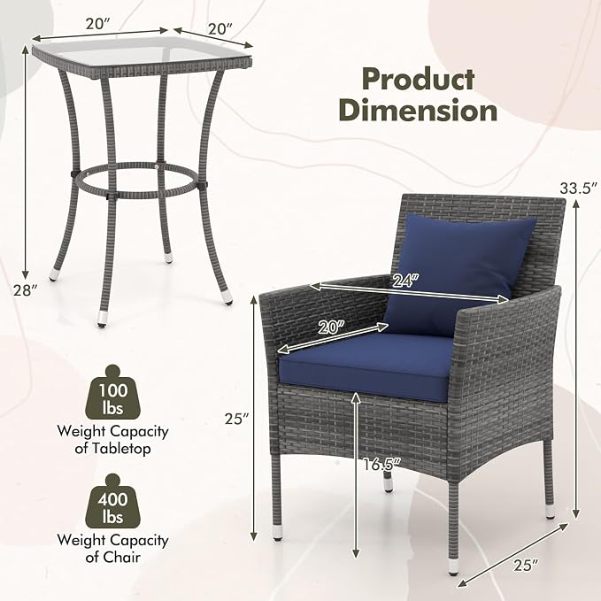 Tangkula 3-Piece Patio Furniture Set, PE Wicker Conversation Bistro Set w/A - Image 4