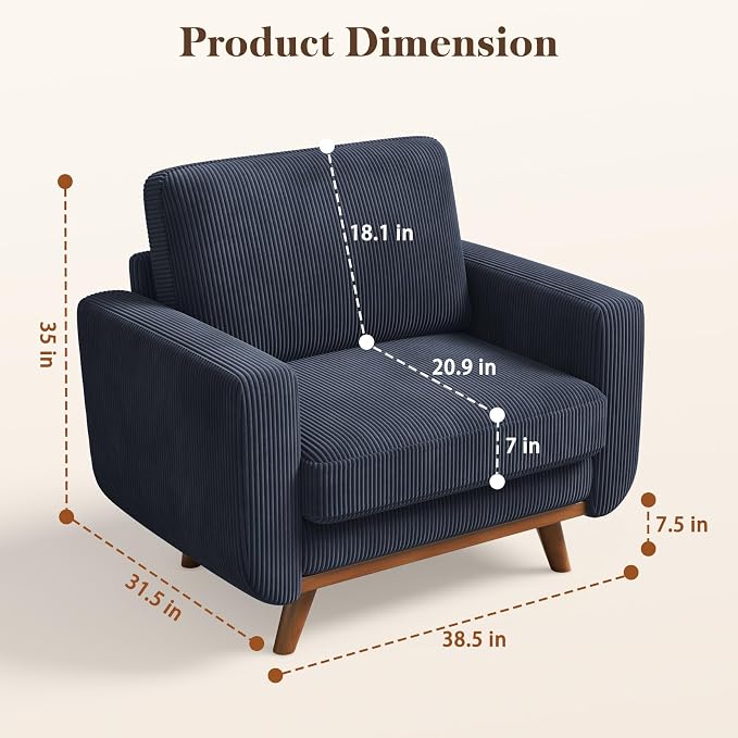 Vesgantti 38.5" Accent Chair Dark Blue, Comfy Corduroy Single Sofa Seat - Image 2