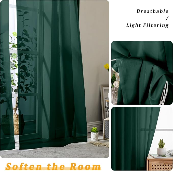 Gwine Hunter Green Sheer Curtains 72 Inches Long 2 Panels Set - Image 3