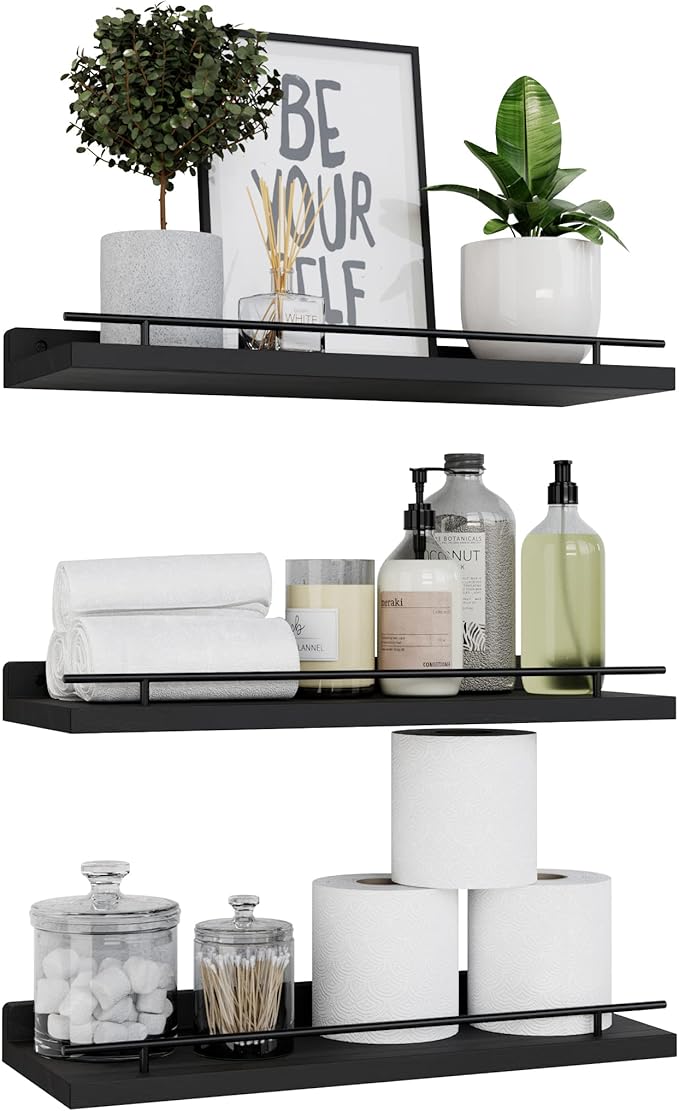 WOPITUES Floating Shelves with Black Metal Guardrail, Shelves by WOPITUESOfficial