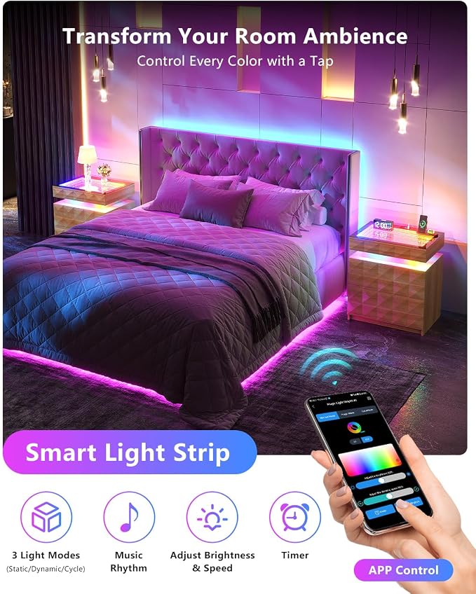 Wood Night Stand with Charger Station & RGB Lights, LED Bedside Table with - Image 4