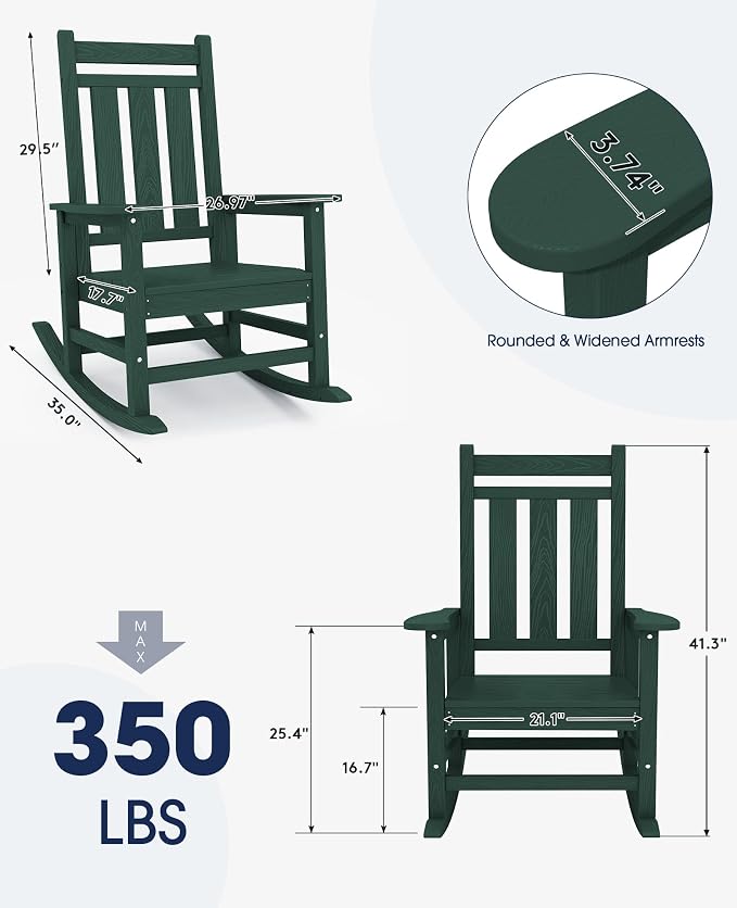 KINGYES Oversized Outdoor Rocking Chair Set of 2, All-Weather Patio Rocking - Image 3