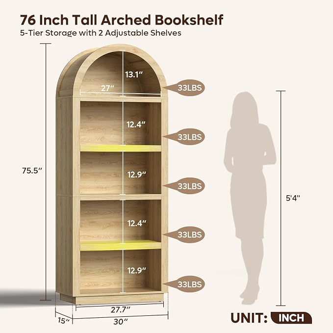 Bestier 76" Tall Arched Bookcase, 5 Tier Arched Bookshelf - Image 3