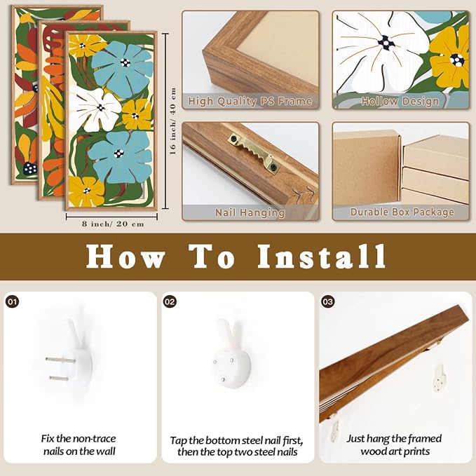 IARTTOP Boho Floral Wood Wall Art Framed 8x16 Inch Set of 3 Minimalist - Image 7