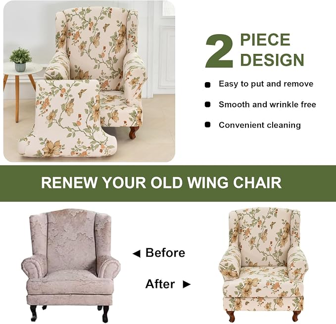 HAOYONG Wing Chair Slipcovers Stretch Wingback Chair Covers Printed 2 Pieces - Image 7