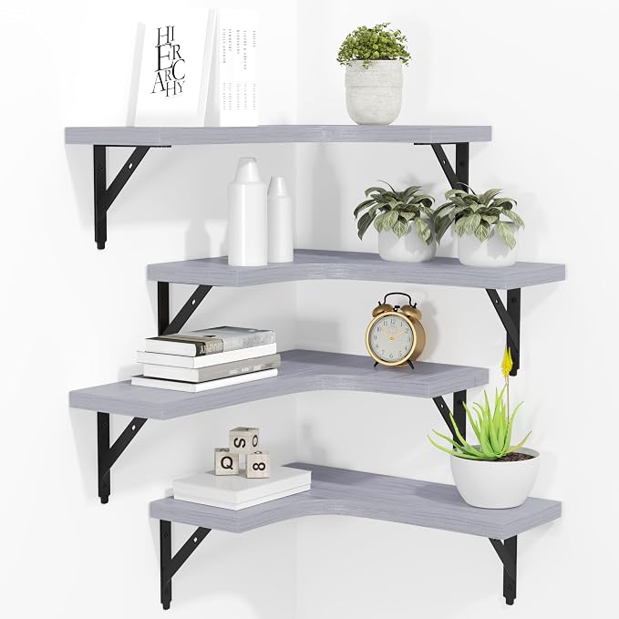 ROMGUAR CRAFT Corner Floating Shelves Wall Mounted Set of 4, Rustic Wood by ROMGUAR+CRAFT