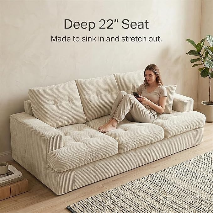 85" Corduroy 3 Seater Sofa in a Box, High-Density Foam Couch, No Assembly - Image 4