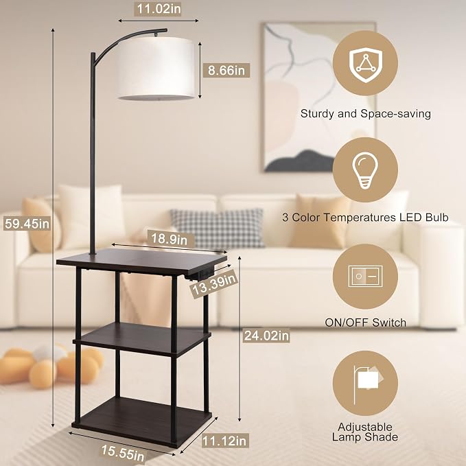 PESRAE Floor Lamp with Table, End Tables with Charging Station, 3 Color - Image 4