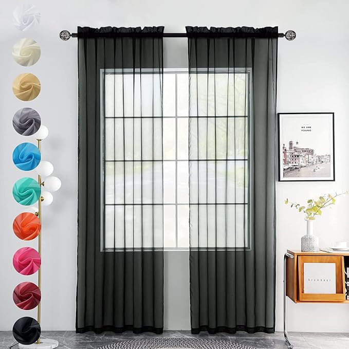 youleyar Solid Sheer Rod Pocket Curtain Voile Draperies 2 Panels White Beige - Image 2