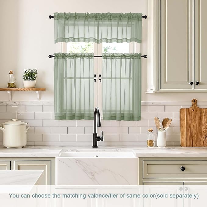 Sage Green Small Sheer Curtains 2 Panels Set, Kitchen Curtains 36 Inch Length - Image 2