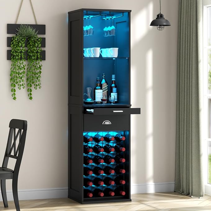 Loomie Wine Bar Cabinet with LED Lights, Freestanding Liquor Cabinet with Tray by LOOMIEDirect