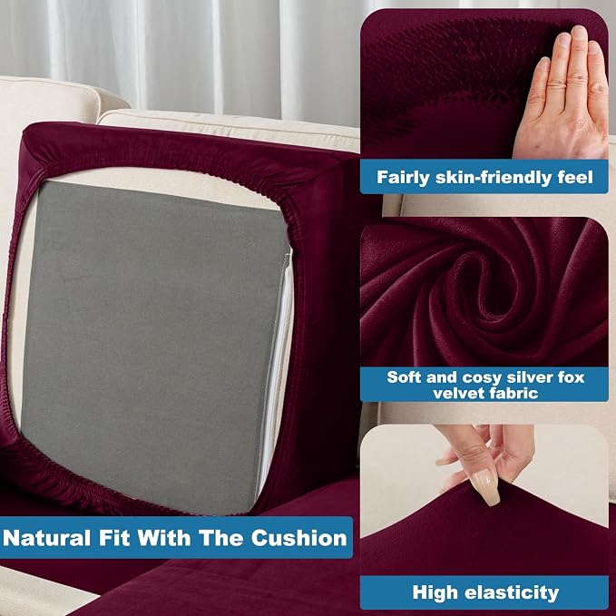 Couch Cover 4-Piece Elastic Velvet Couch Cushion Covers & Chaise Slipcovers - Image 5