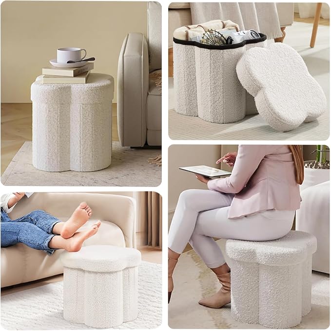 Boucle Storage Ottoman Cube, 13.8" Flower-Shaped Footstool - Image 7