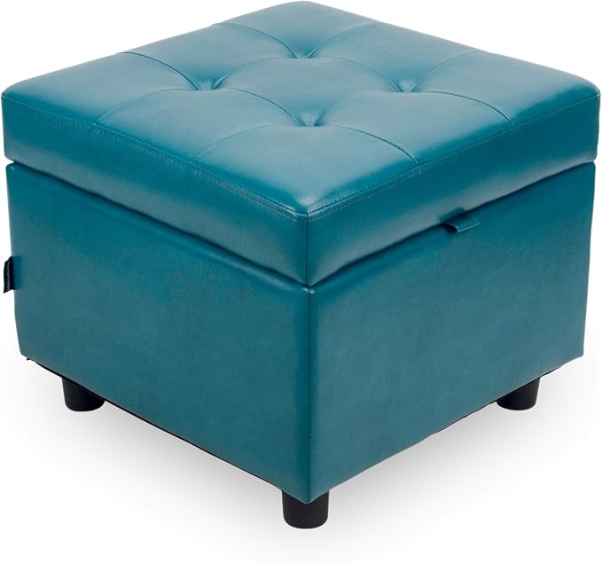 H&B Luxuries Tufted Leather Square Flip Top Storage Ottoman Cube Foot Rest by HBLuxuries