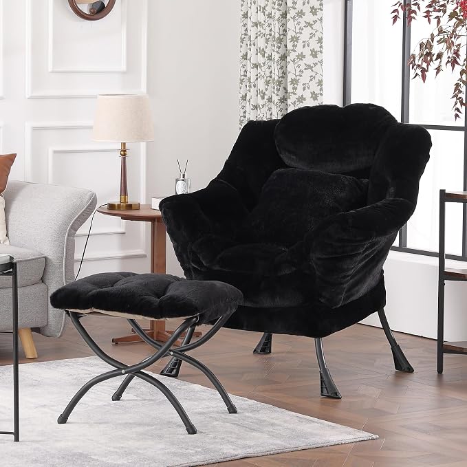 Lazy Chair with Ottoman, Large Black Accent Chair with Ottoman and FA Throw - Image 5