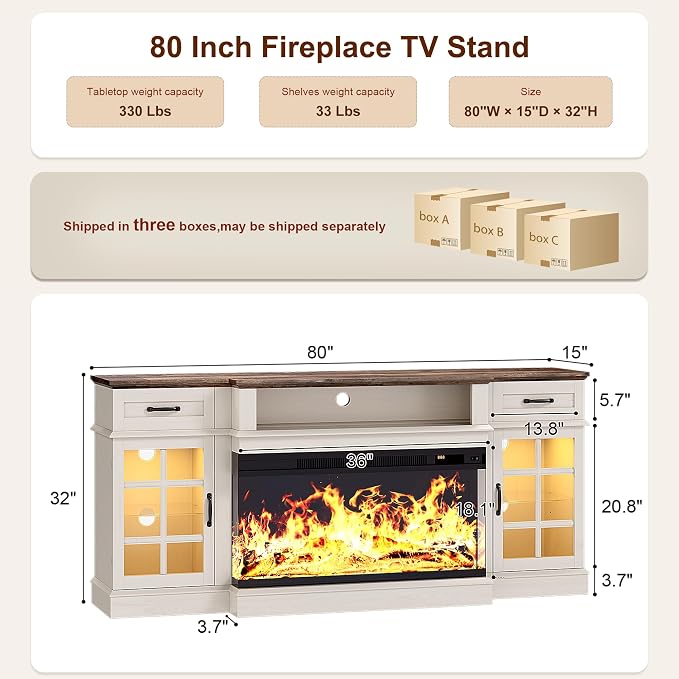 MXV 80" Fireplace TV Stand, 3-Sided Glass Fireplace and Modern Entertainment - Image 2